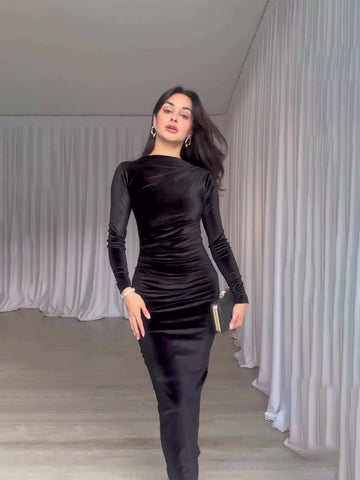 Woochic robe à manches longues col en rond trapèze taille haute noir S